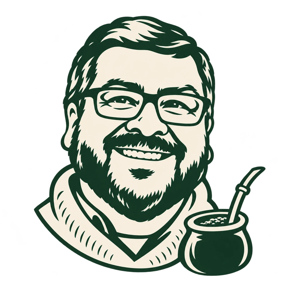 Retrato de Tata Ramiro en estilo emblema, con sus lentes, su sonrisa y un mate